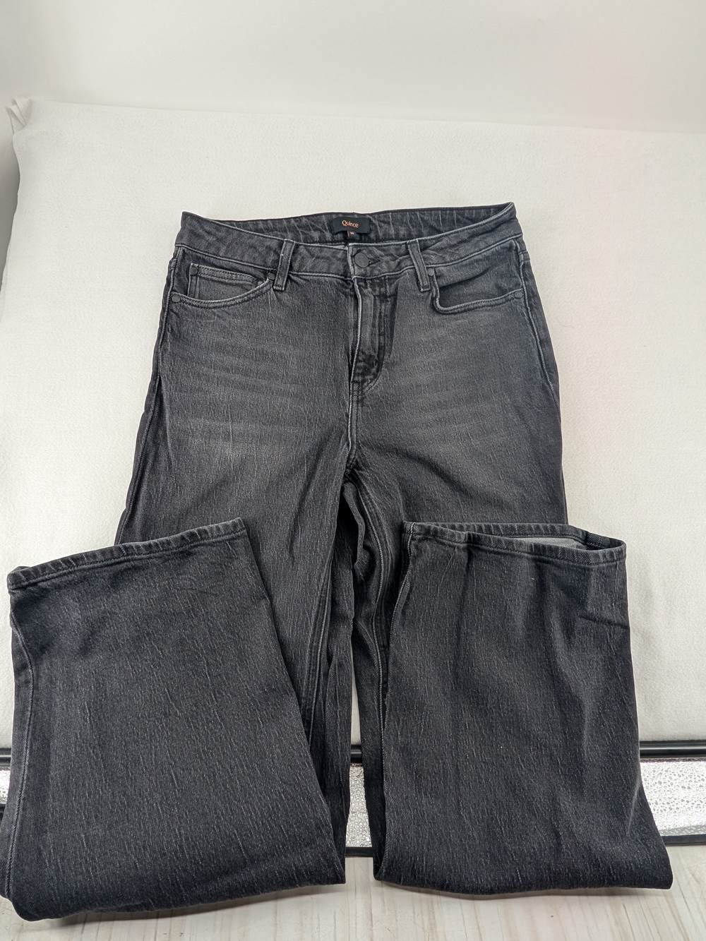 Quince Bella Stretch Jeans in a faded black or charcoal wash
